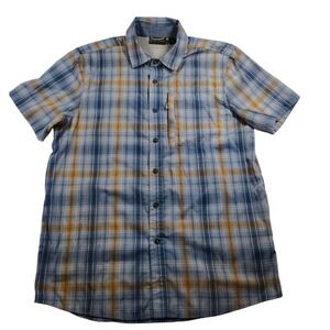 Free Country Mens‎ Excursion Poplin Shirt Short Sleeve Size M Yellow Blue Plaid